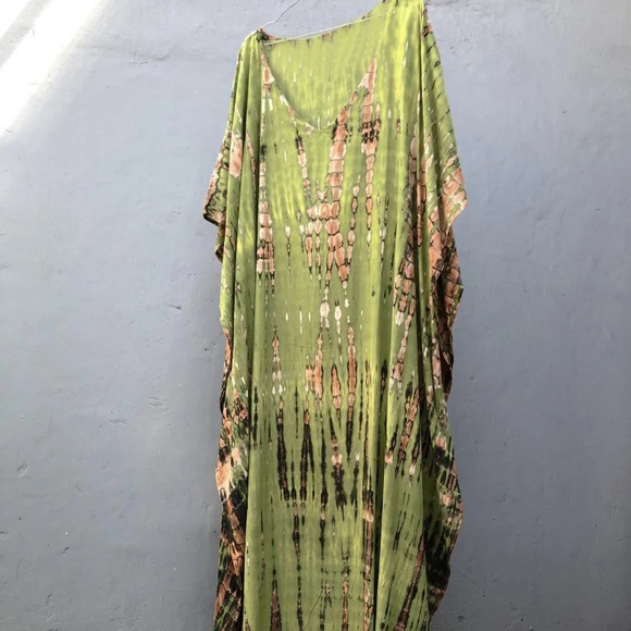 Lime Green Boho Tie Dye Kaftan Kimono Dress - Picture 5 of 6